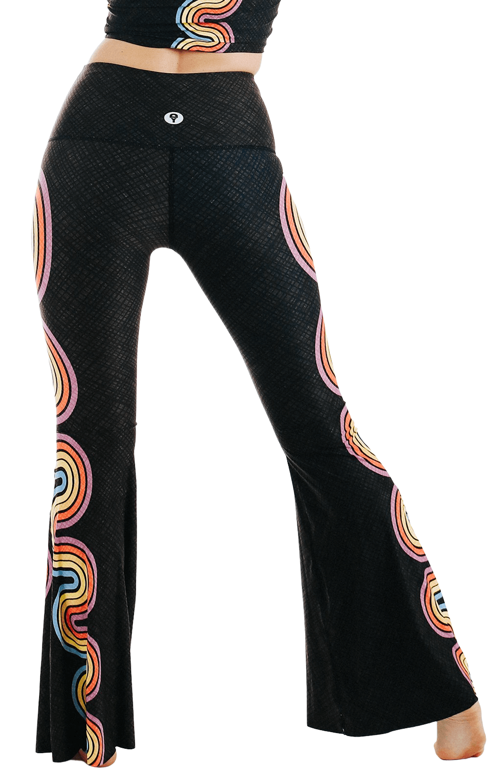 double rainbow printed bell bottoms by yoga democracy