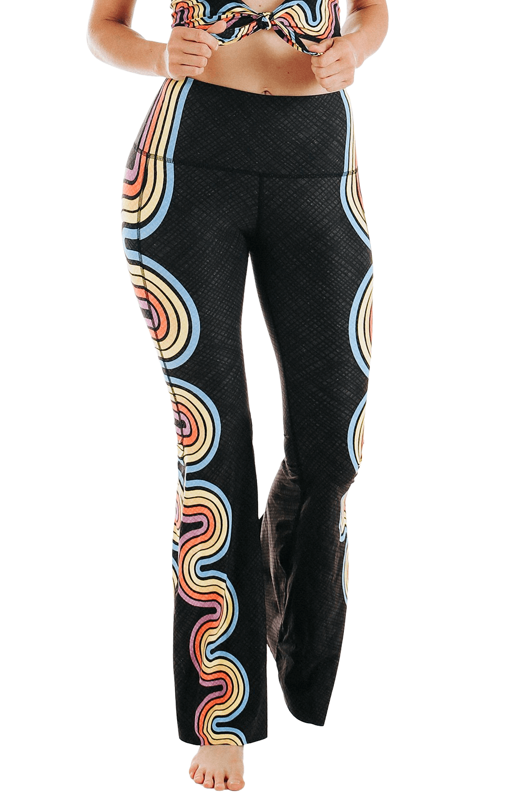 double rainbow printed bell bottoms by yoga democracy