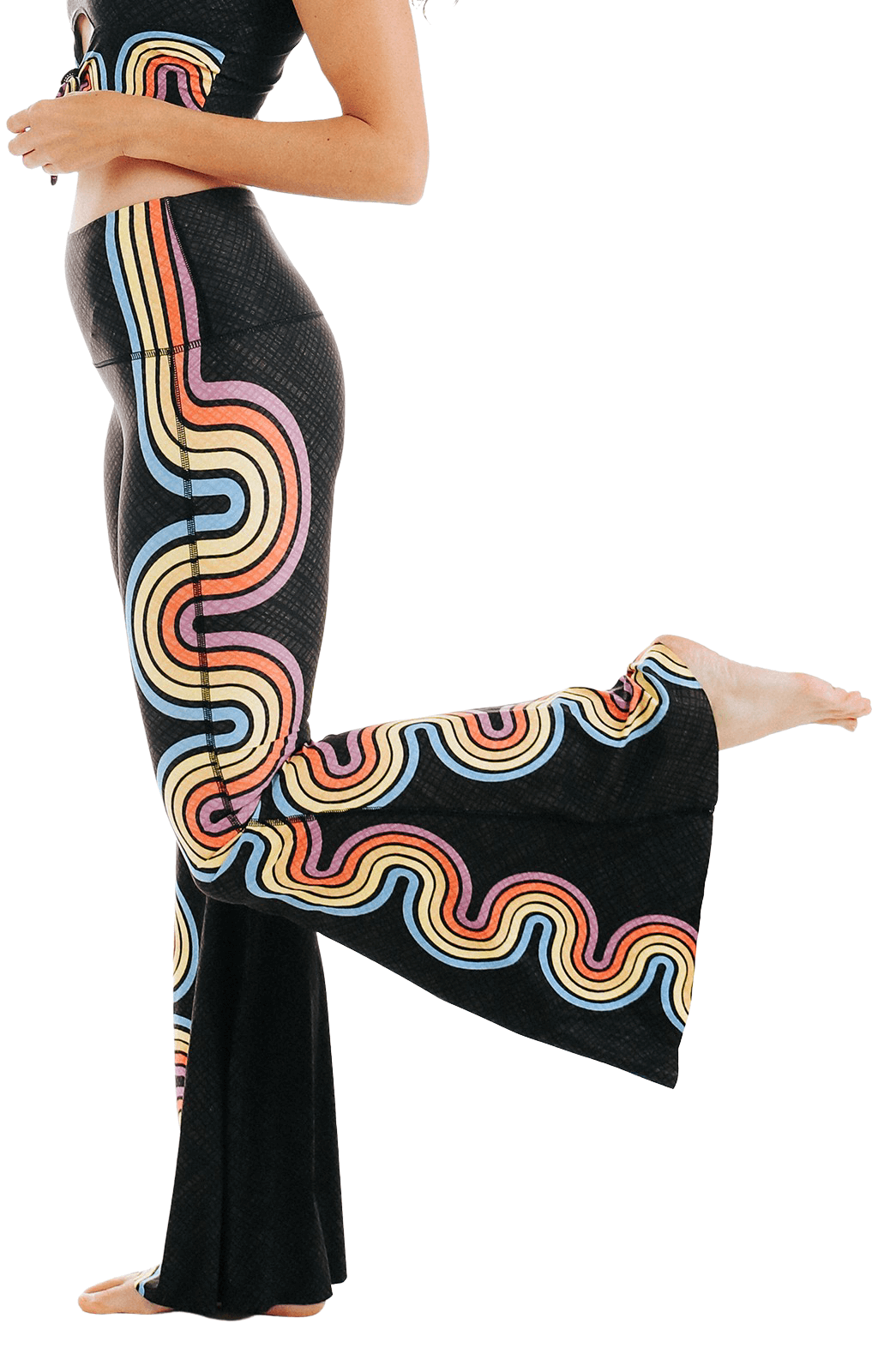 double rainbow printed bell bottoms by yoga democracy