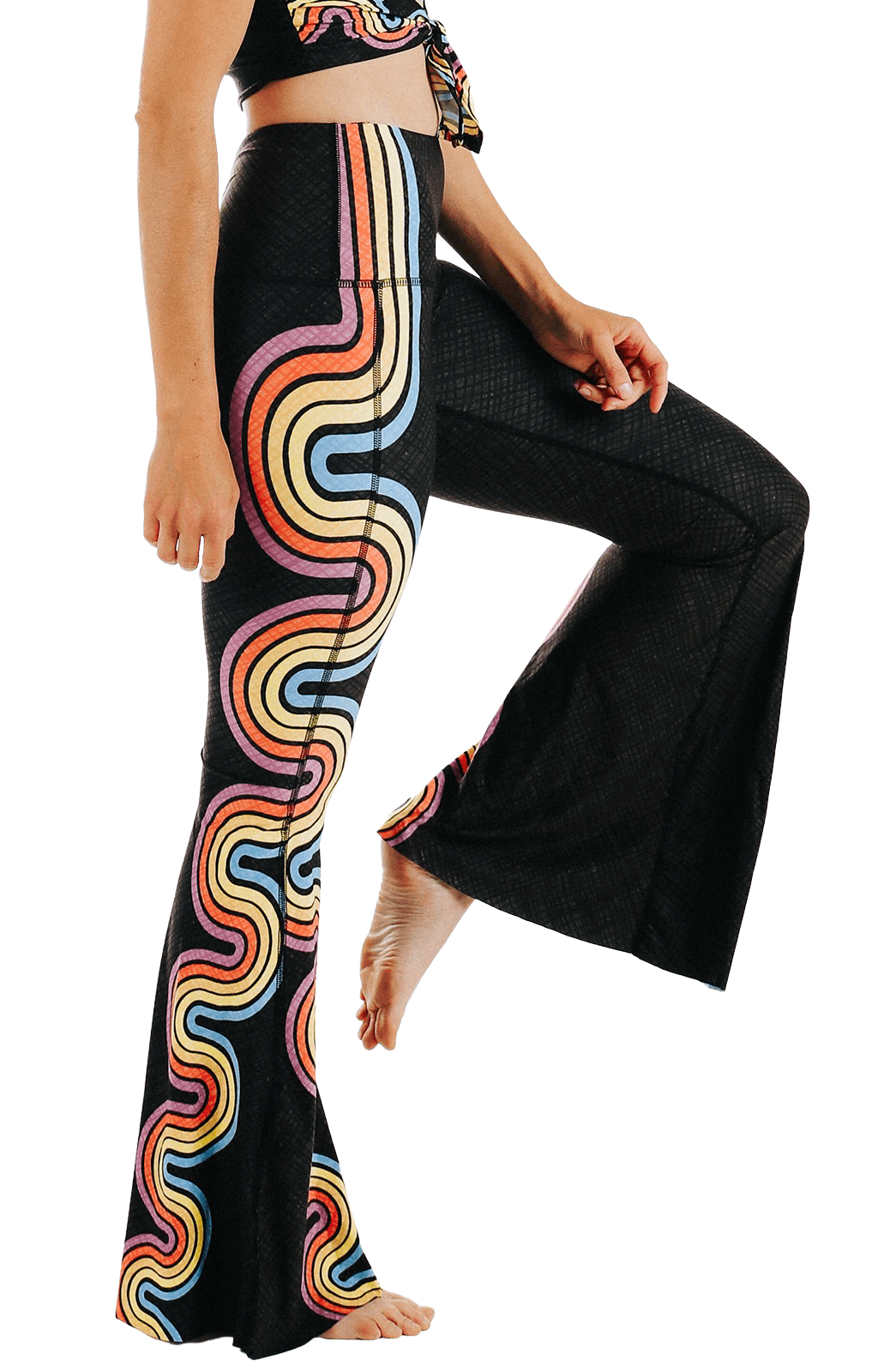 double rainbow printed bell bottoms by yoga democracy