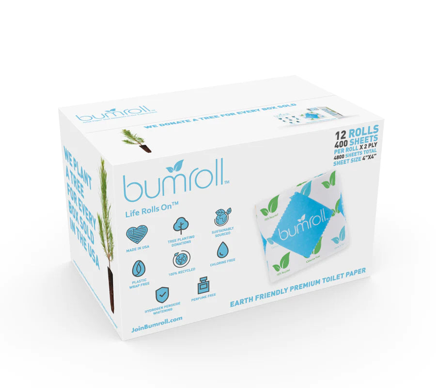 bumroll premium toilet paper, made in the usa, with us & north american materials, 100% recycled, chlorine free, pba free, plants trees in the usa by join bumroll