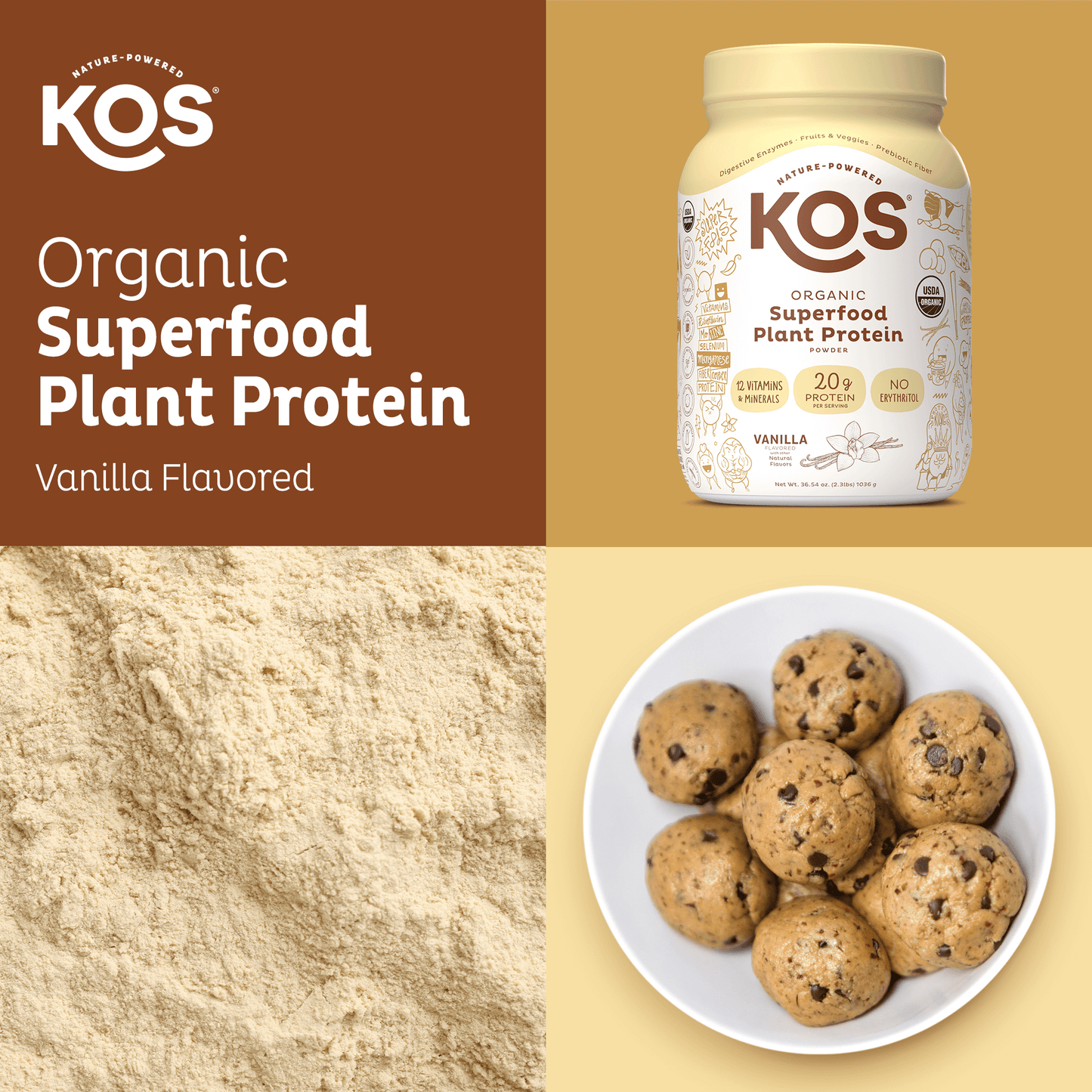 kos organic plant protein, vanilla, 28 servings by kos