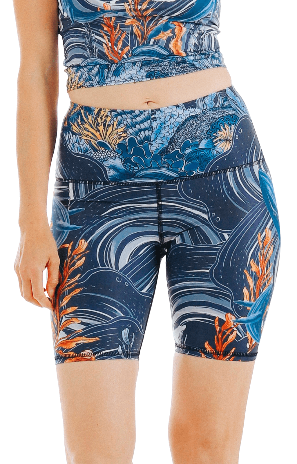 biker shorts in whale hello by yoga democracy