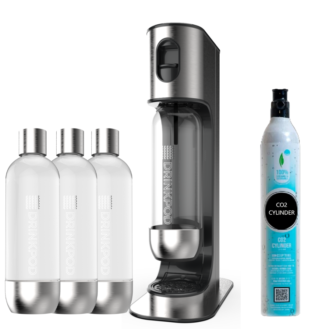 sodapod pro stainless steel premium sparkling water machine | includes 3 x bottles by drinkpod