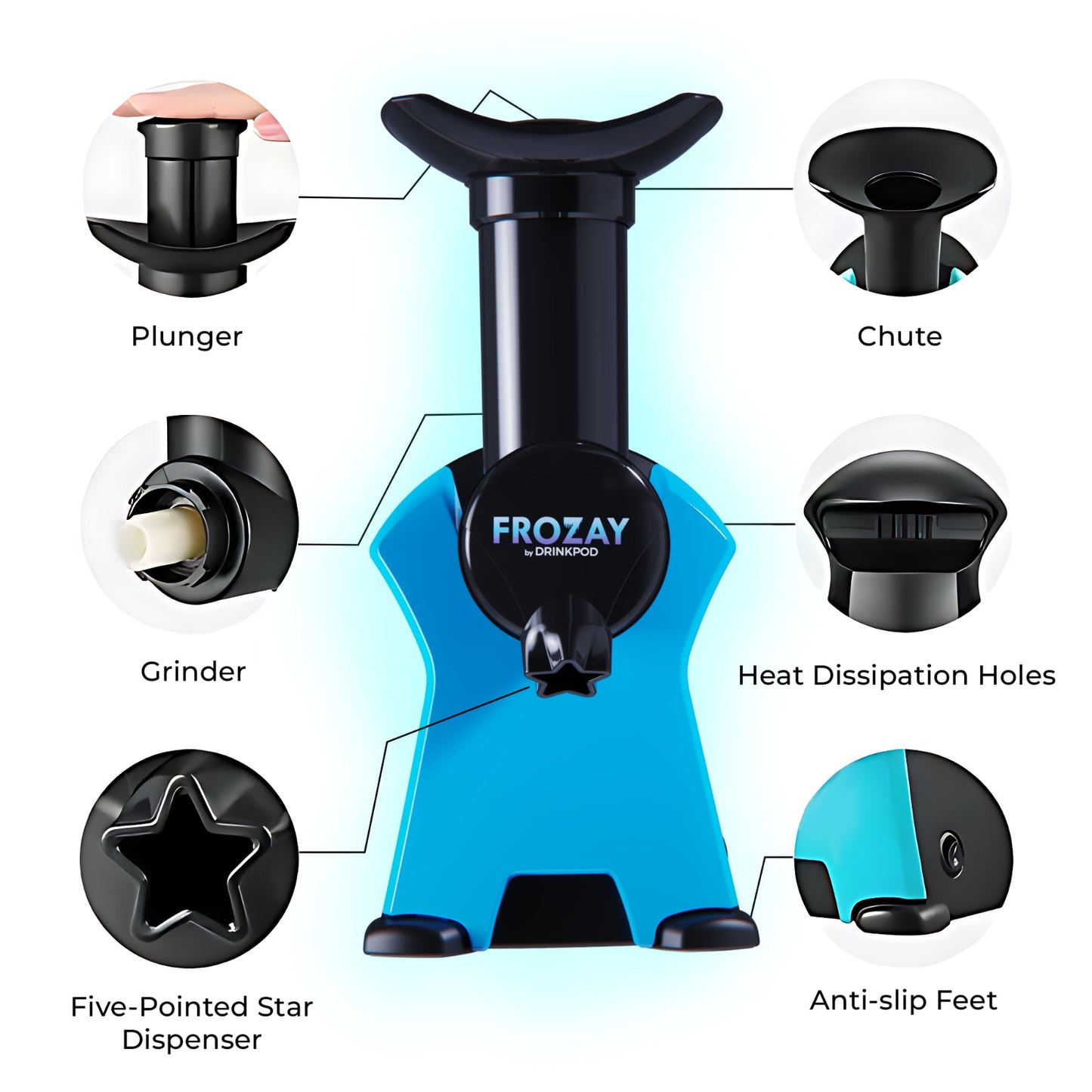 frozay dessert maker 2.8 qt. color blue, vegan ice cream & frozen yogurt maker soft serve desserts with recipes (black/blue) by drinkpod