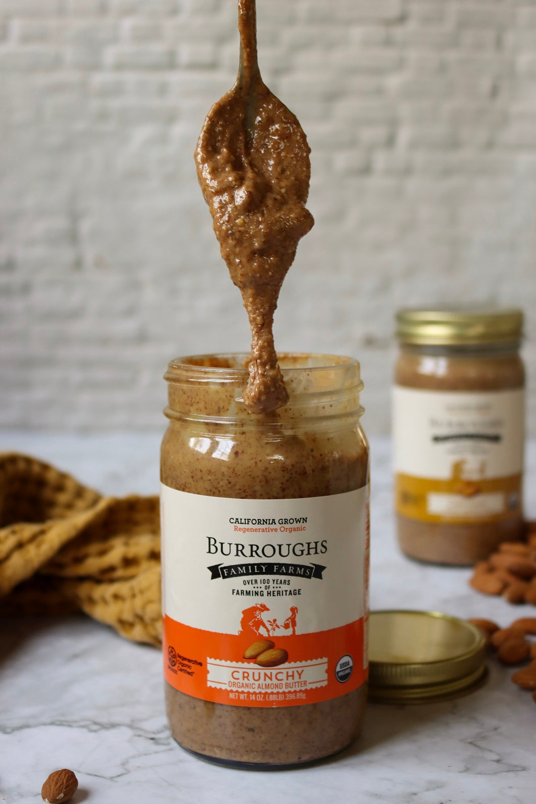 regenerative organic crunchy almond butter by burroughs family farms