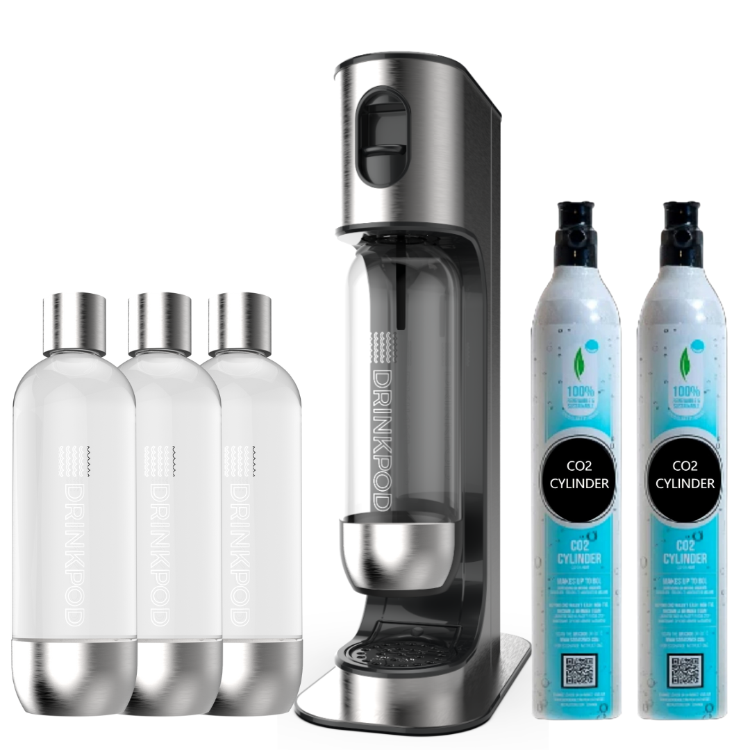 sodapod pro stainless steel premium sparkling water machine | includes 3 x bottles by drinkpod