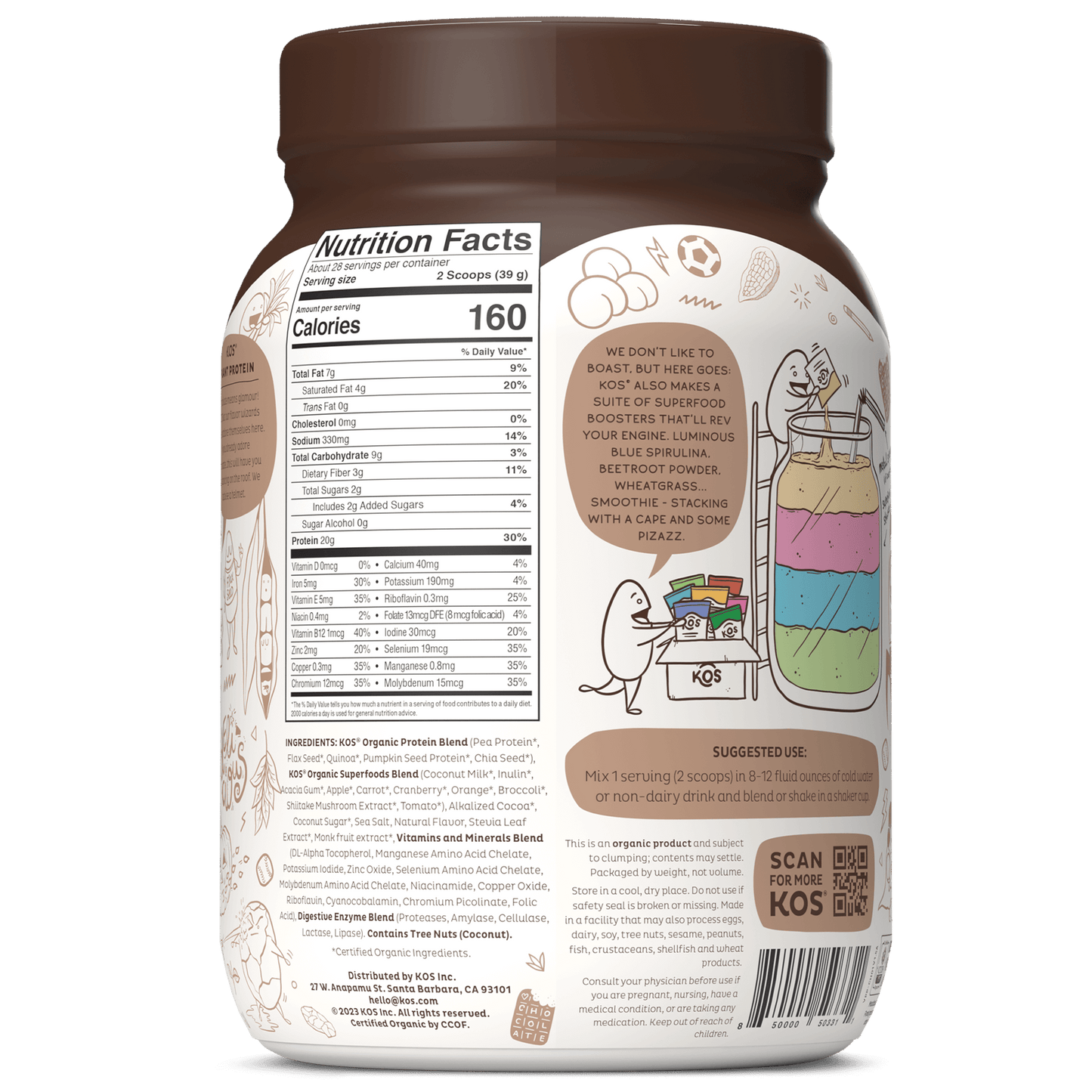 organic plant protein, chocolate, 28 servings by kos