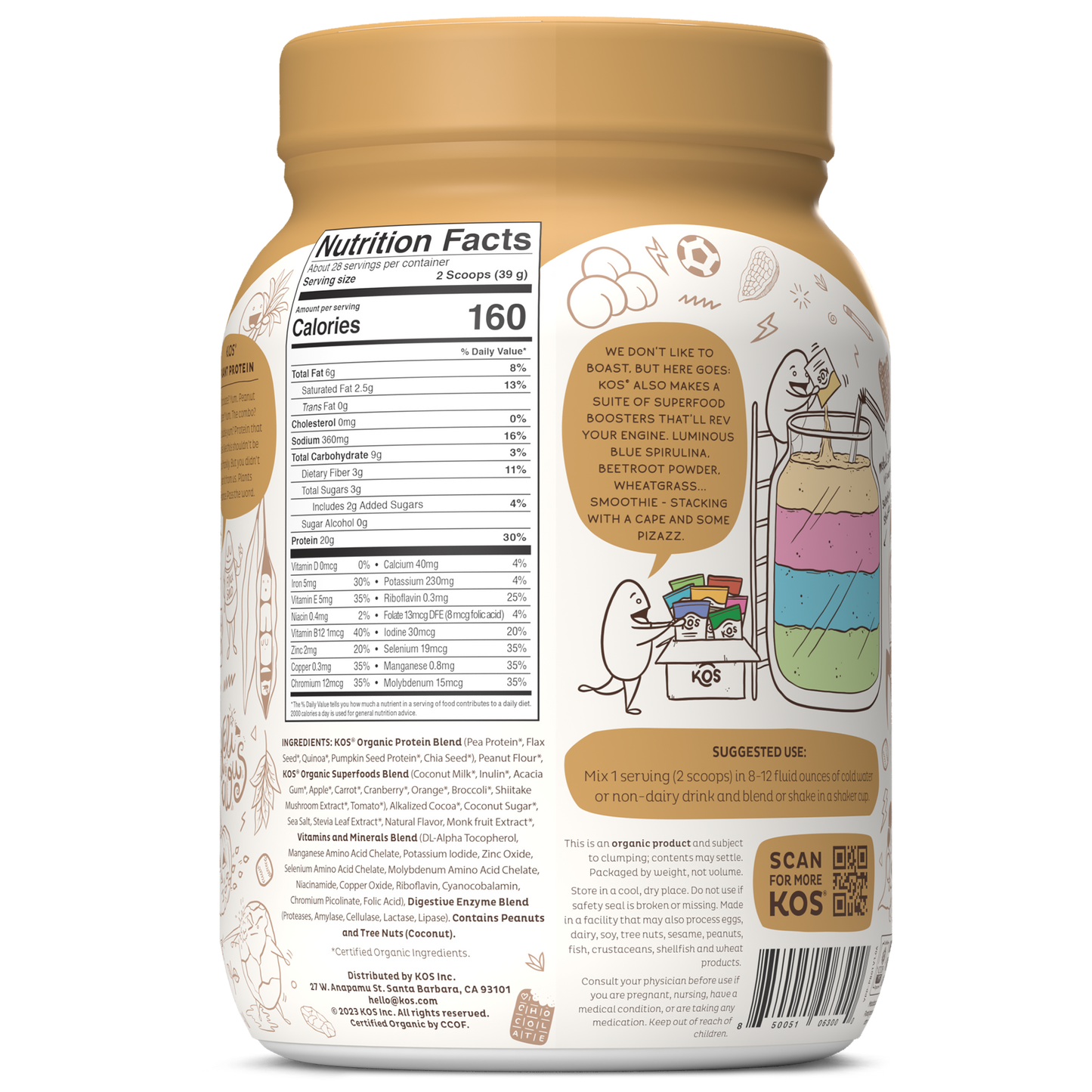 organic plant protein, chocolate peanut butter, 28 servings by kos