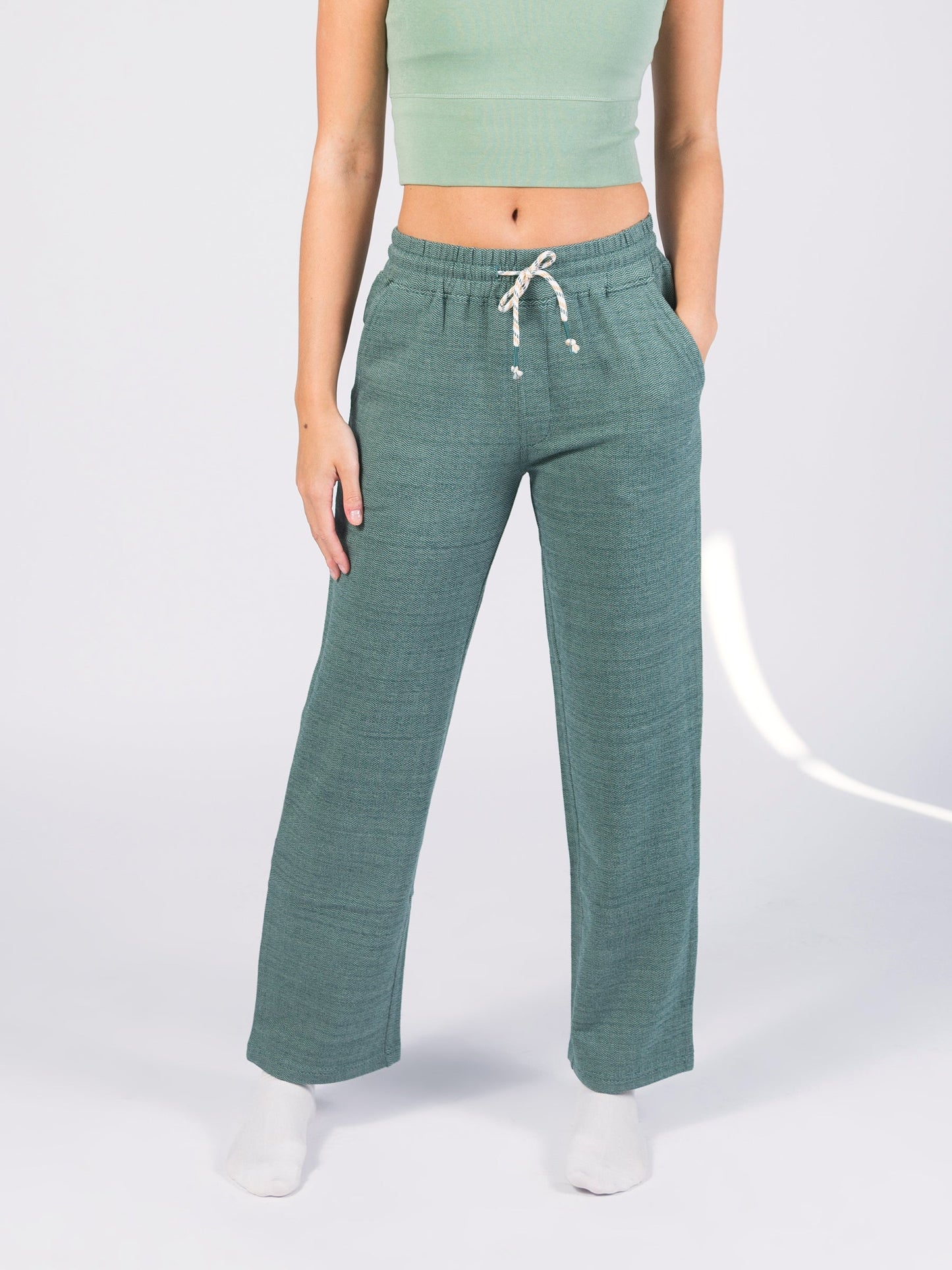 wide leg herringbone flex pants | calathea green by happy earth