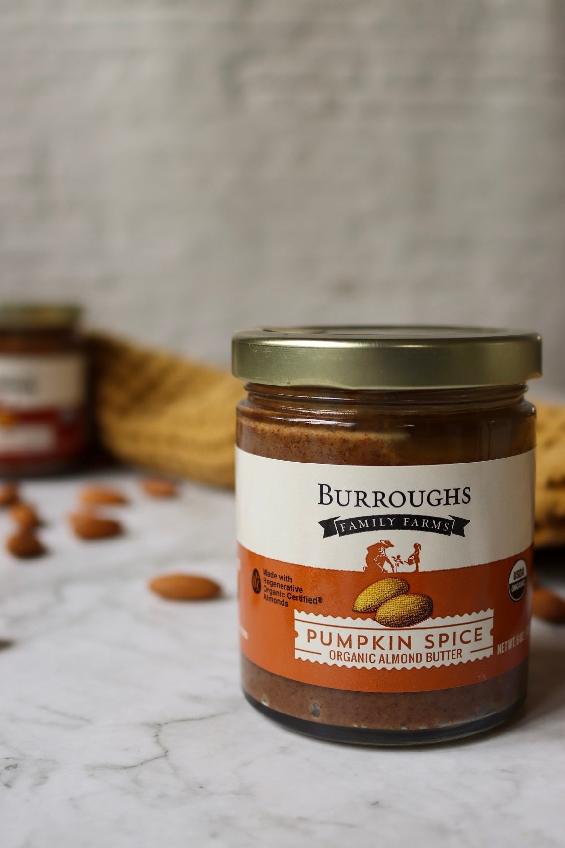 organic pumpkin spice almond butter made with roc almonds by burroughs family farms