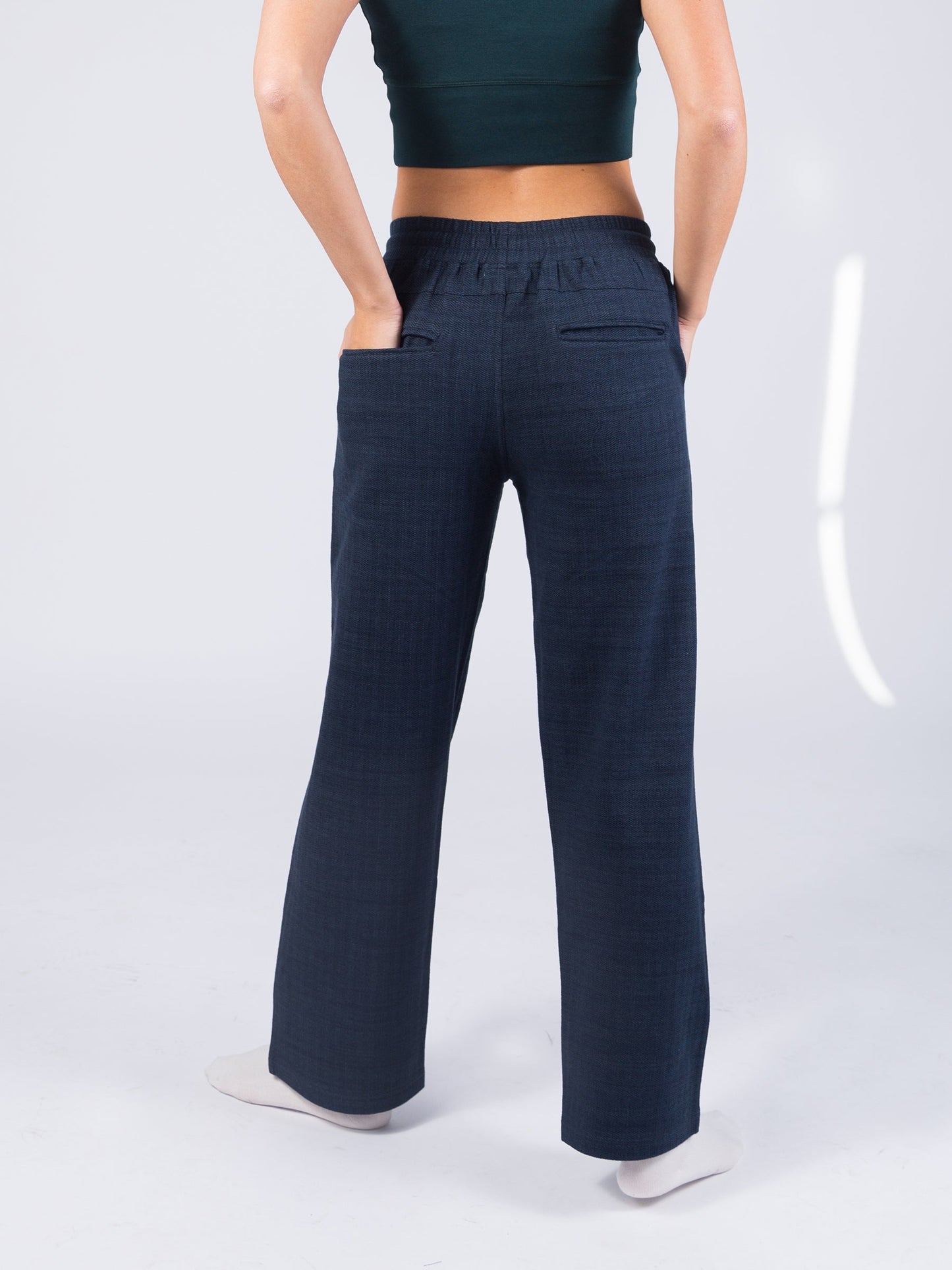 wide leg herringbone flex pants | deep sea by happy earth