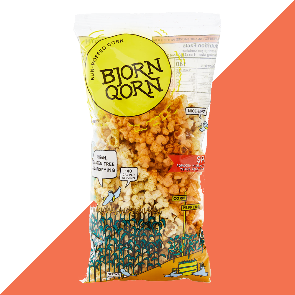 bjorn qorn spicy popcorn bags - 12-pack x 3oz bags by farm2me