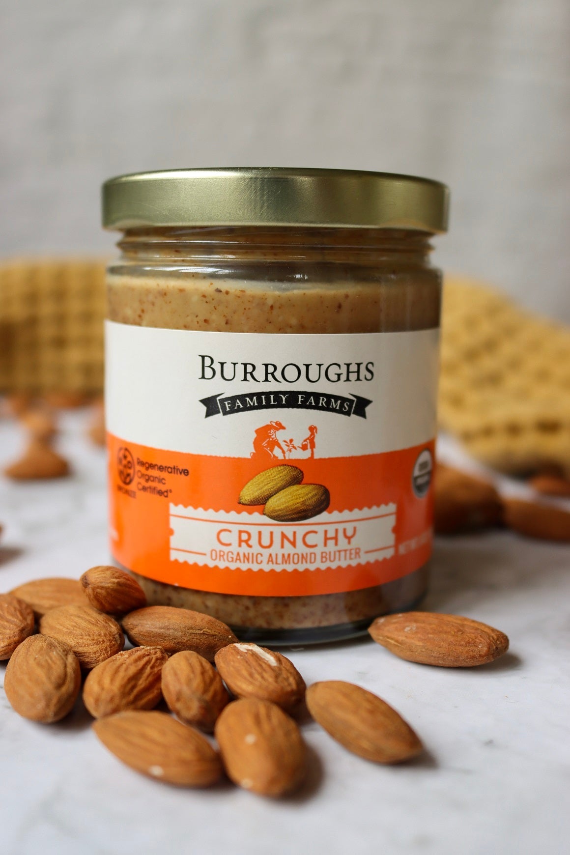 regenerative organic crunchy almond butter by burroughs family farms