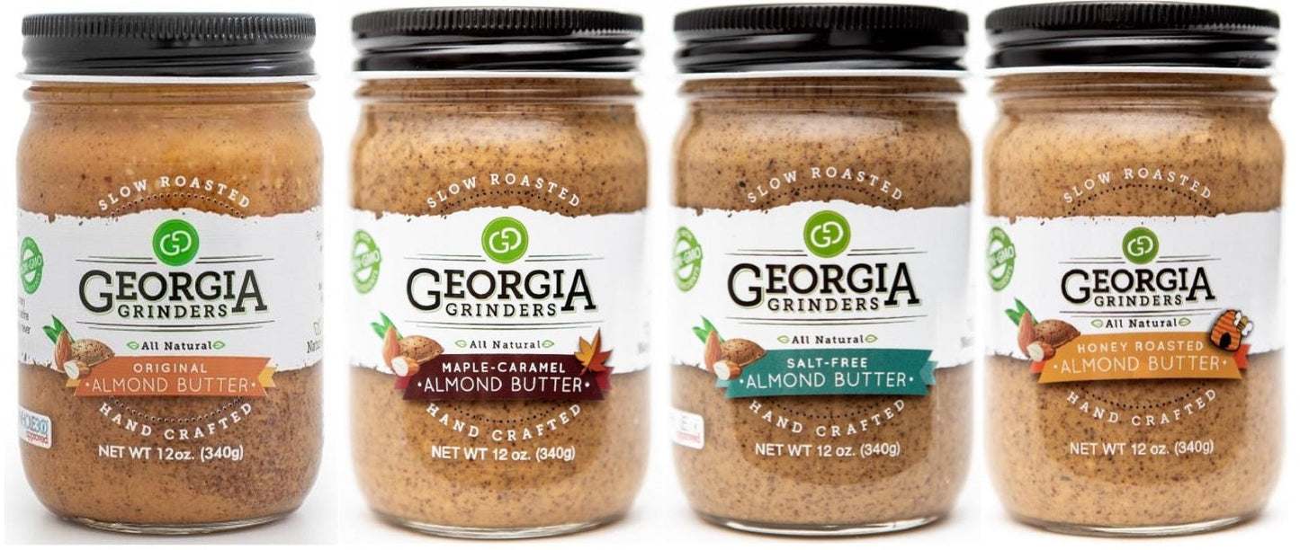 georgia grinders almond butter assorted 4 pack (one 12oz jar of each: original almond butter, maple caramel almond butter, salt free almond butter, honey roasted almond butter - (cp-cl) by georgia grinders