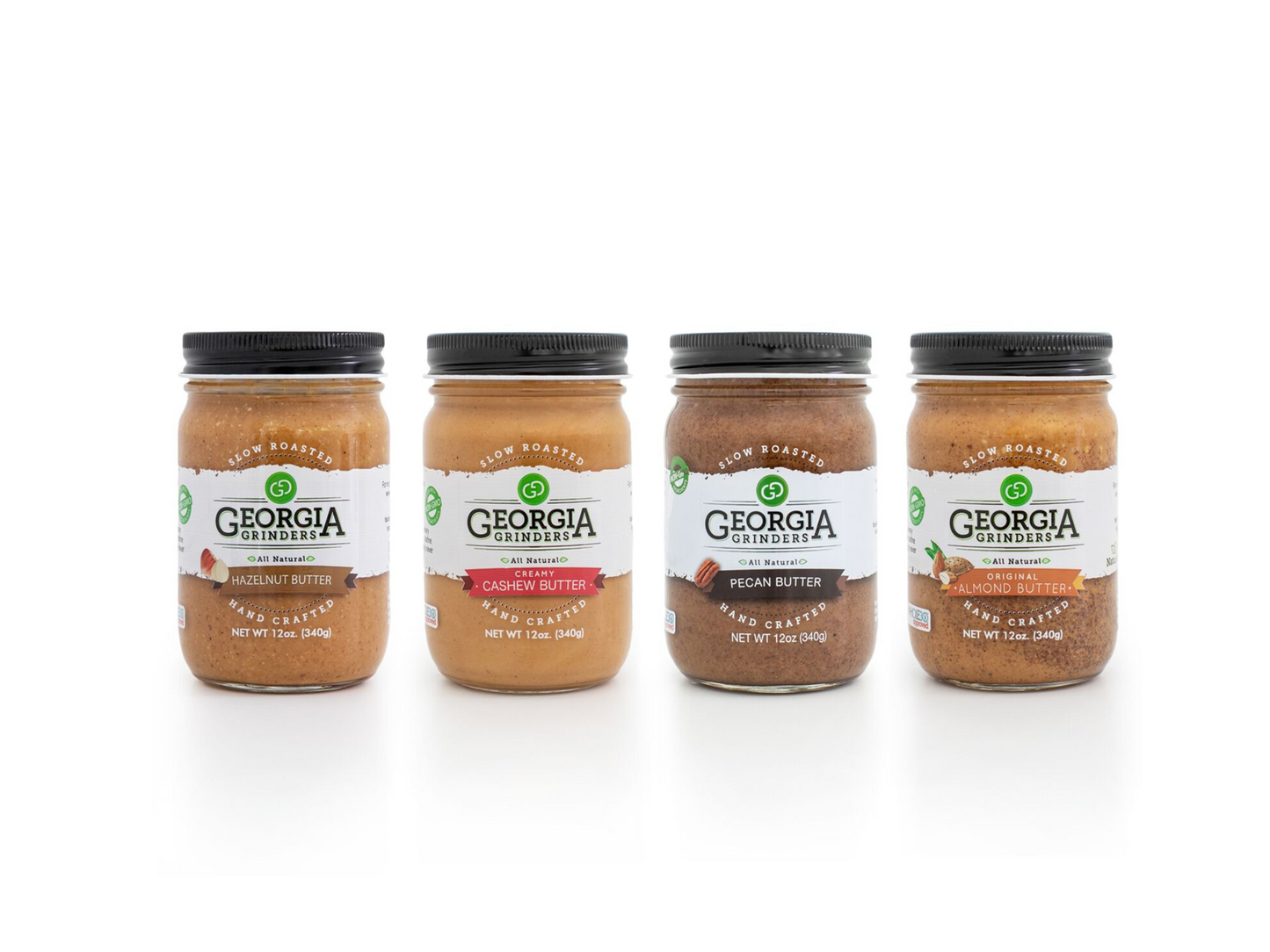 georgia grinders 12 oz whole30 nut butter assortment 4 pack (original almond butter, cashew butter, pecan butter, hazelnut butter) - (cp-cl) by georgia grinders