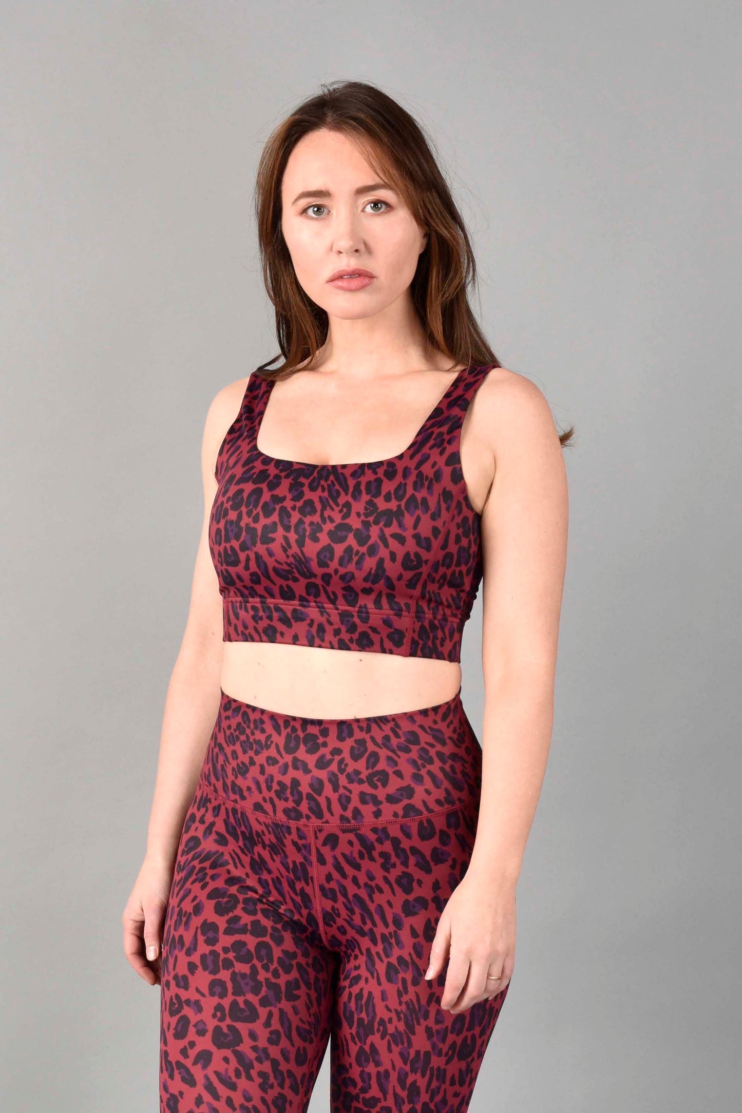 brigitte recycled luxe longline bra in red velvet leopard by wear love more