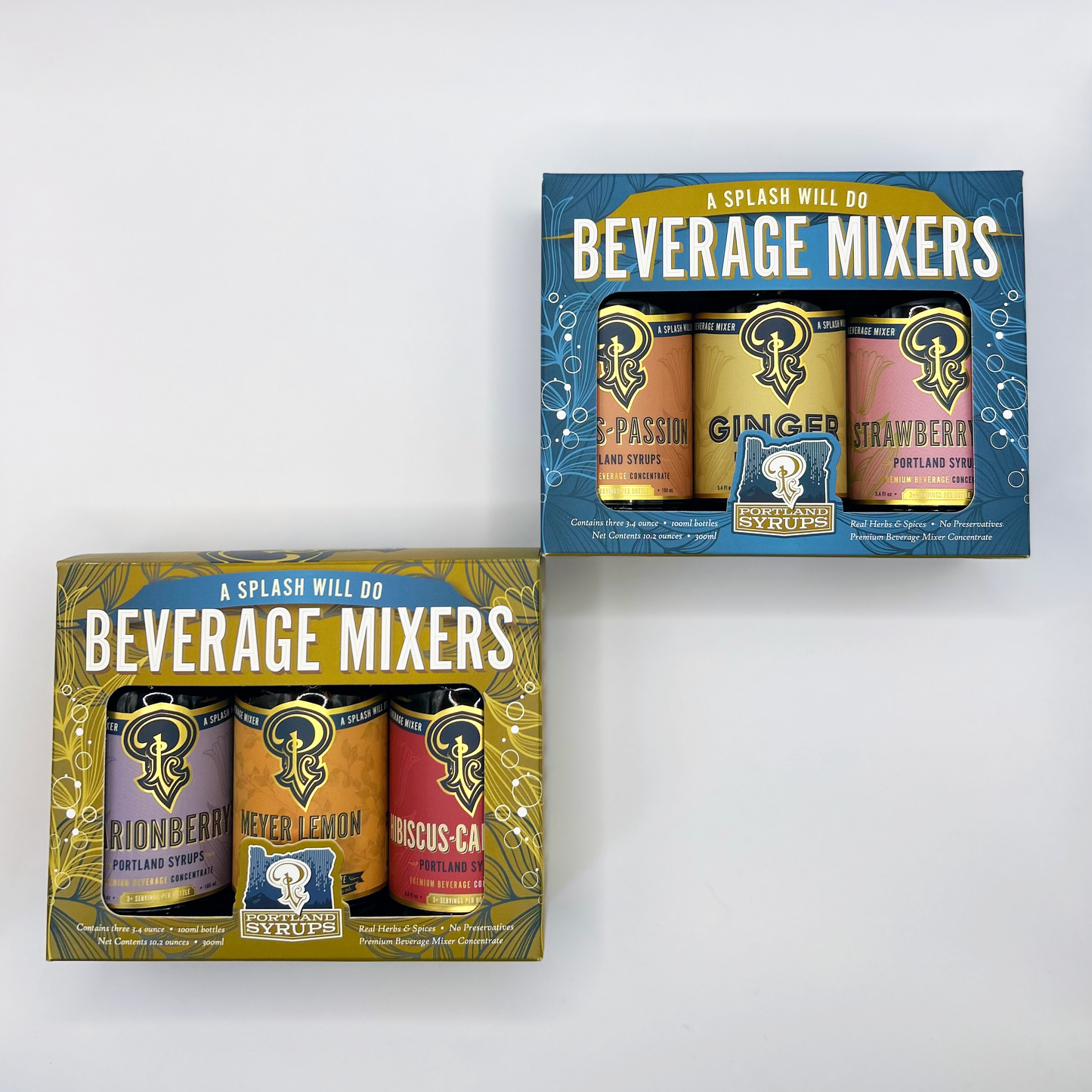 3 pack sampler pack, set of 2, blue and gold boxes by portland syrups