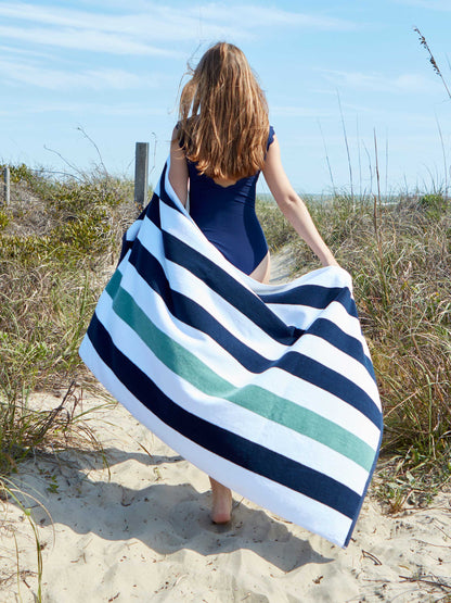 Midnight Blue & Seafoam Classic Cabana Beach Towel by Laguna Beach Textile Company