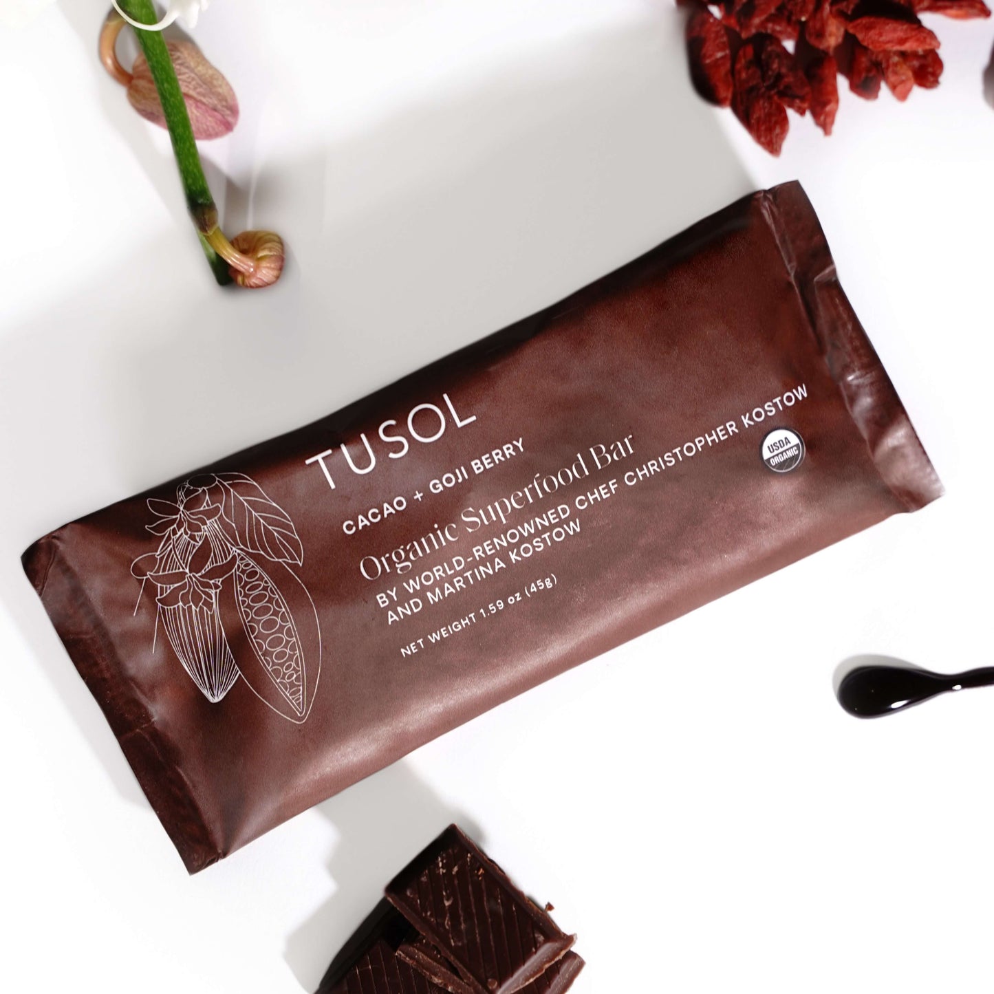 organic cacao + goji berry superfood bar by tusol wellness