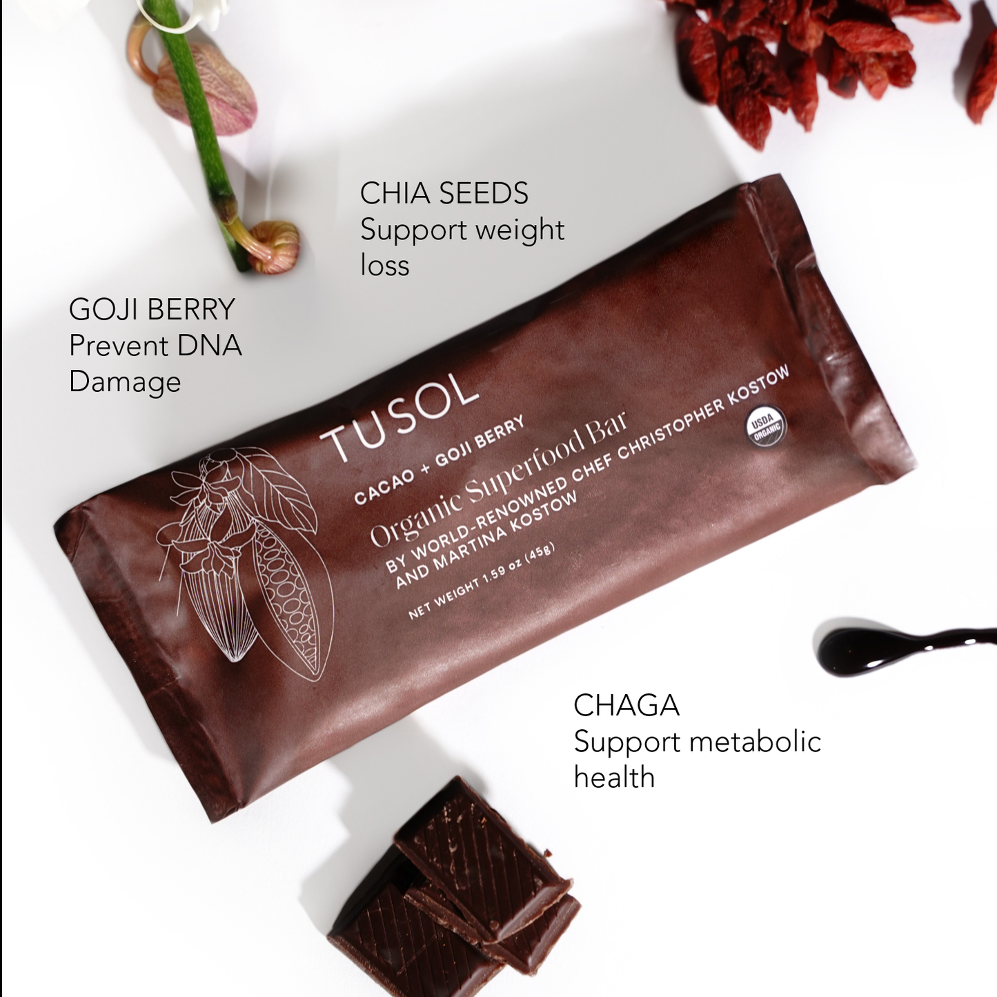 organic cacao + goji berry superfood bar by tusol wellness