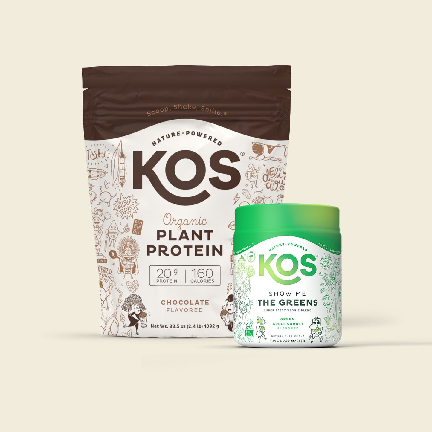 kos organic plant protein, chocolate, 28 servings & free gift - kos show me the greens!