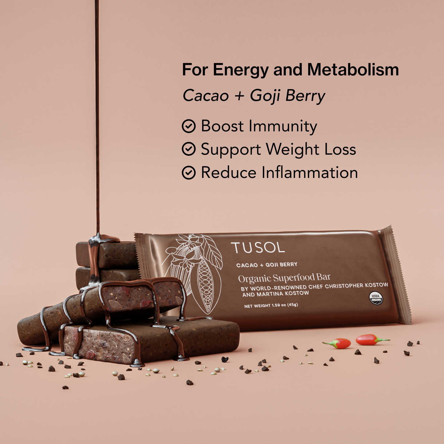 organic cacao + goji berry superfood bar by tusol wellness