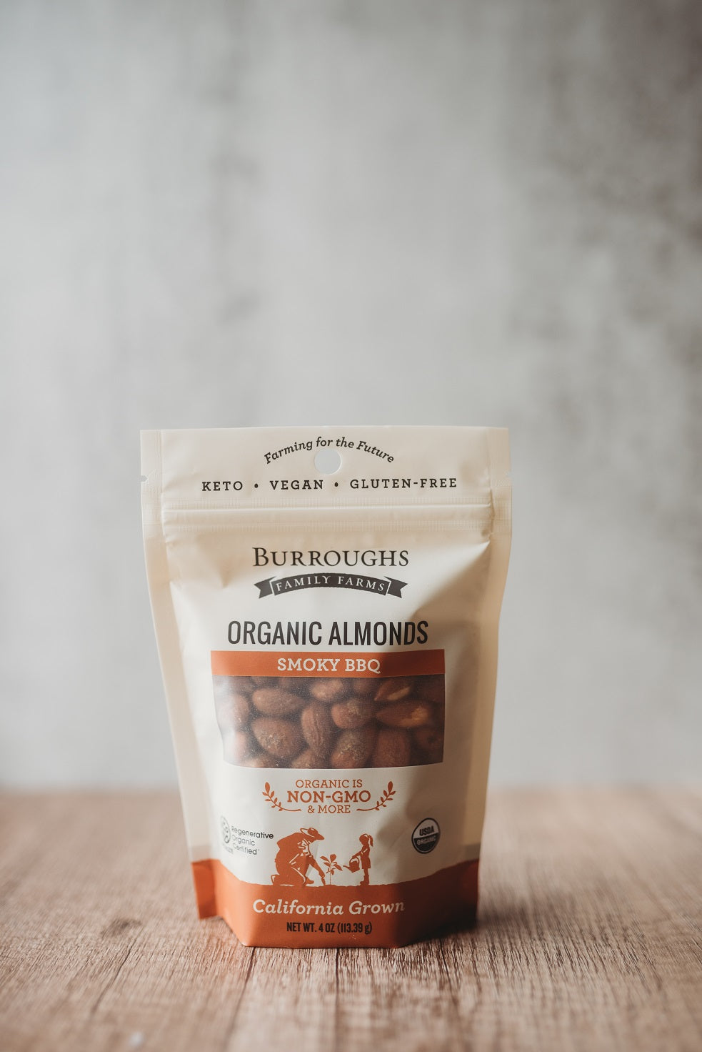 regenerative organic smoky bbq almonds by burroughs family farms