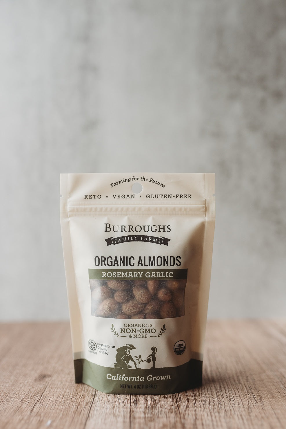 regenerative organic rosemary garlic almonds by burroughs family farms