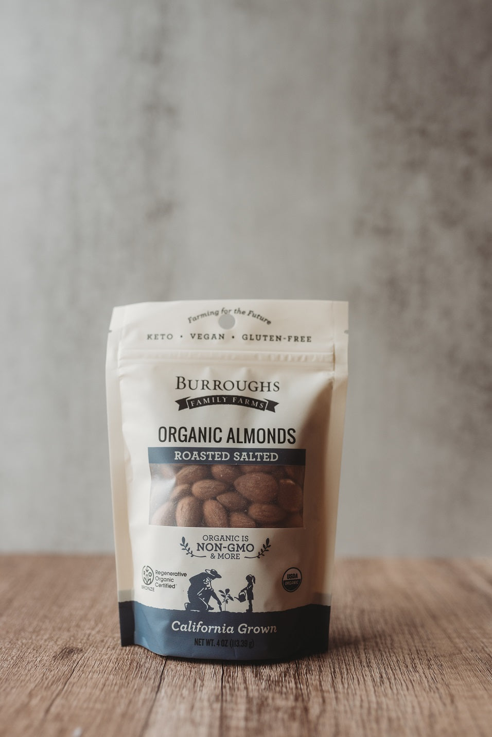 regenerative organic roasted salted almonds by burroughs family farms