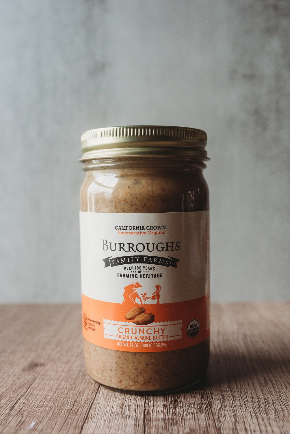 regenerative organic crunchy almond butter by burroughs family farms