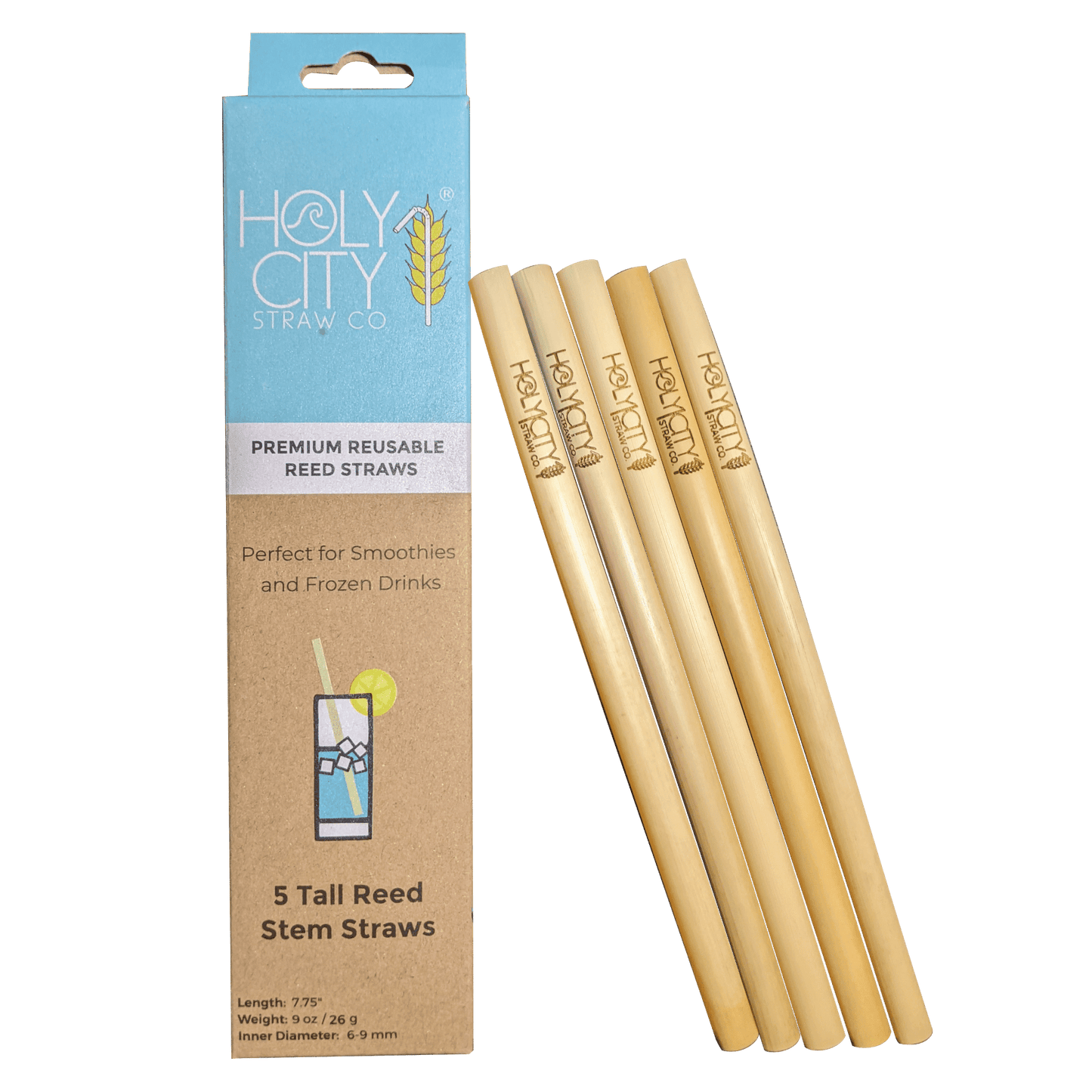 holy city straw tall premium reusable reed straws - 5 ct box by farm2me