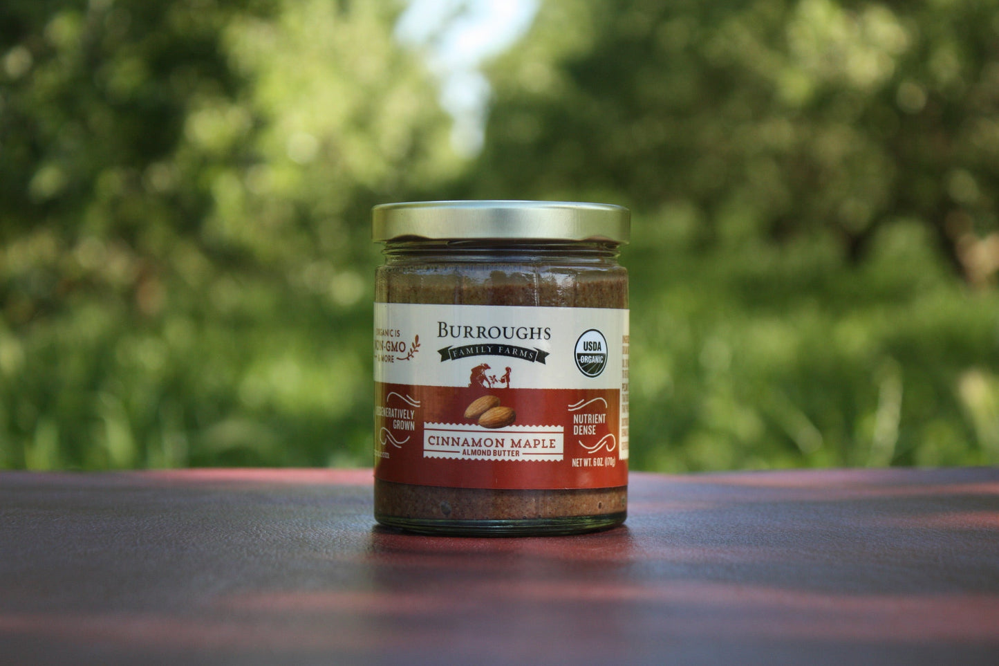 organic cinnamon maple almond butter made with roc almonds by burroughs family farms