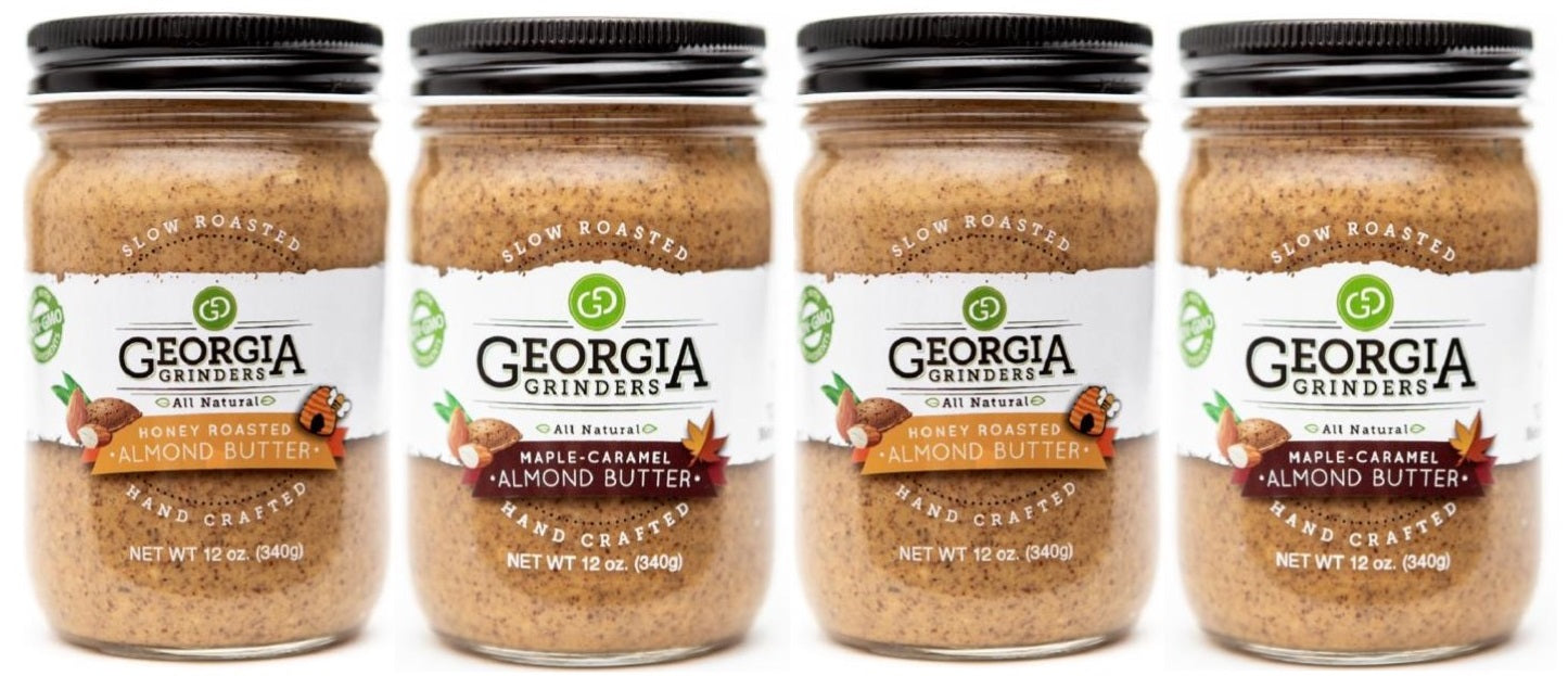 georgia grinders maple caramel almond butter and honey roasted almond butter mix pack (two 12oz jars of each) - cp-cl by georgia grinders