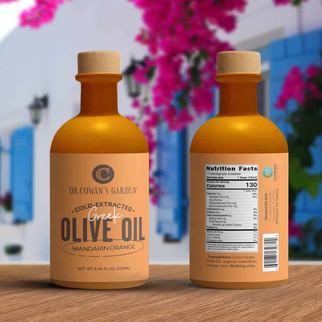 mandarin orange infused high polyphenol olive oil by dr. cowan's garden
