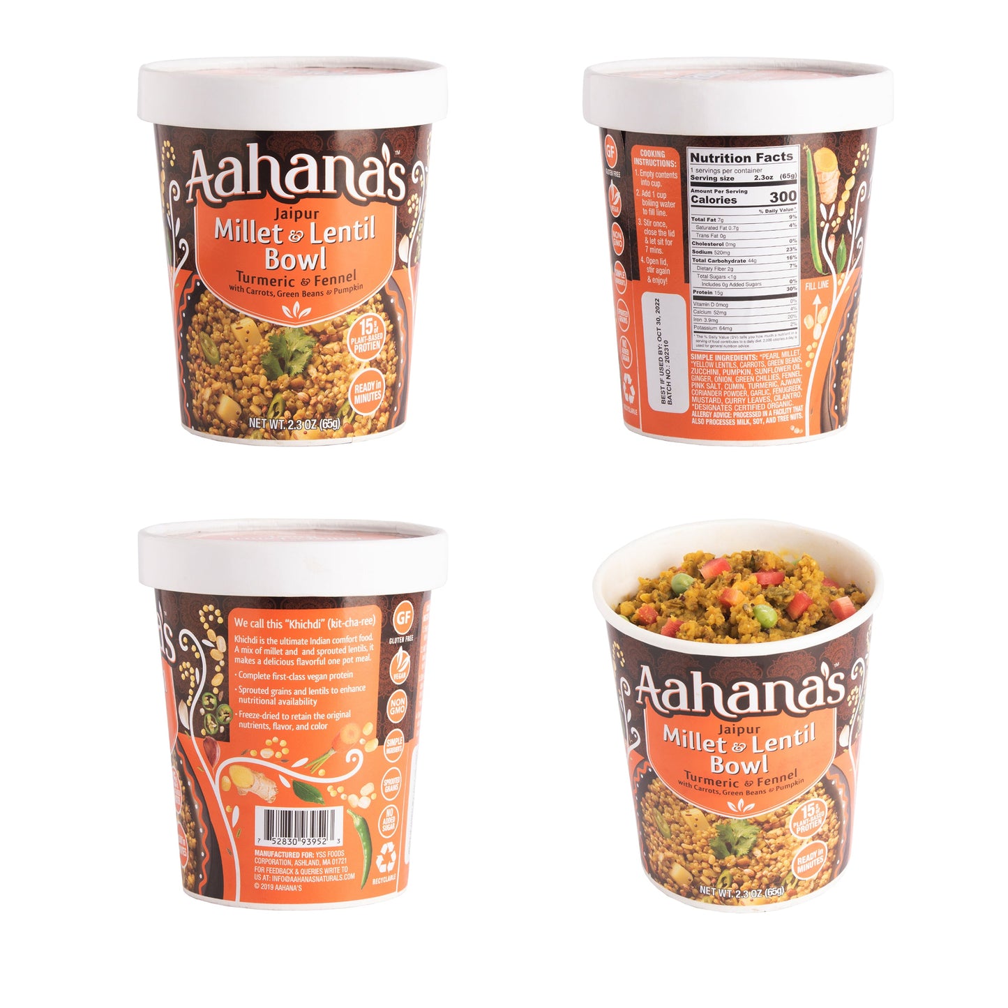 aahana's jaipur millet & lentil bowl (khichdi) - gluten-free, 15g plant-based protein, vegan, non-gmo, ready-to-eat meal (2.3oz., pack of 4) by aahanasnaturals.com