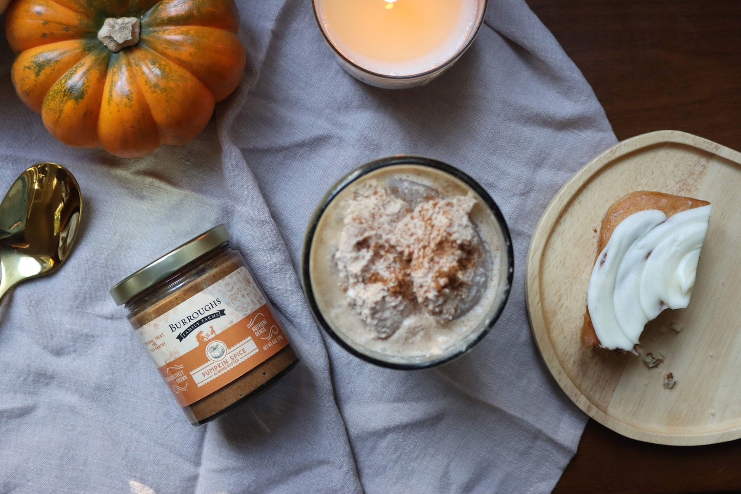 organic pumpkin spice almond butter made with roc almonds by burroughs family farms