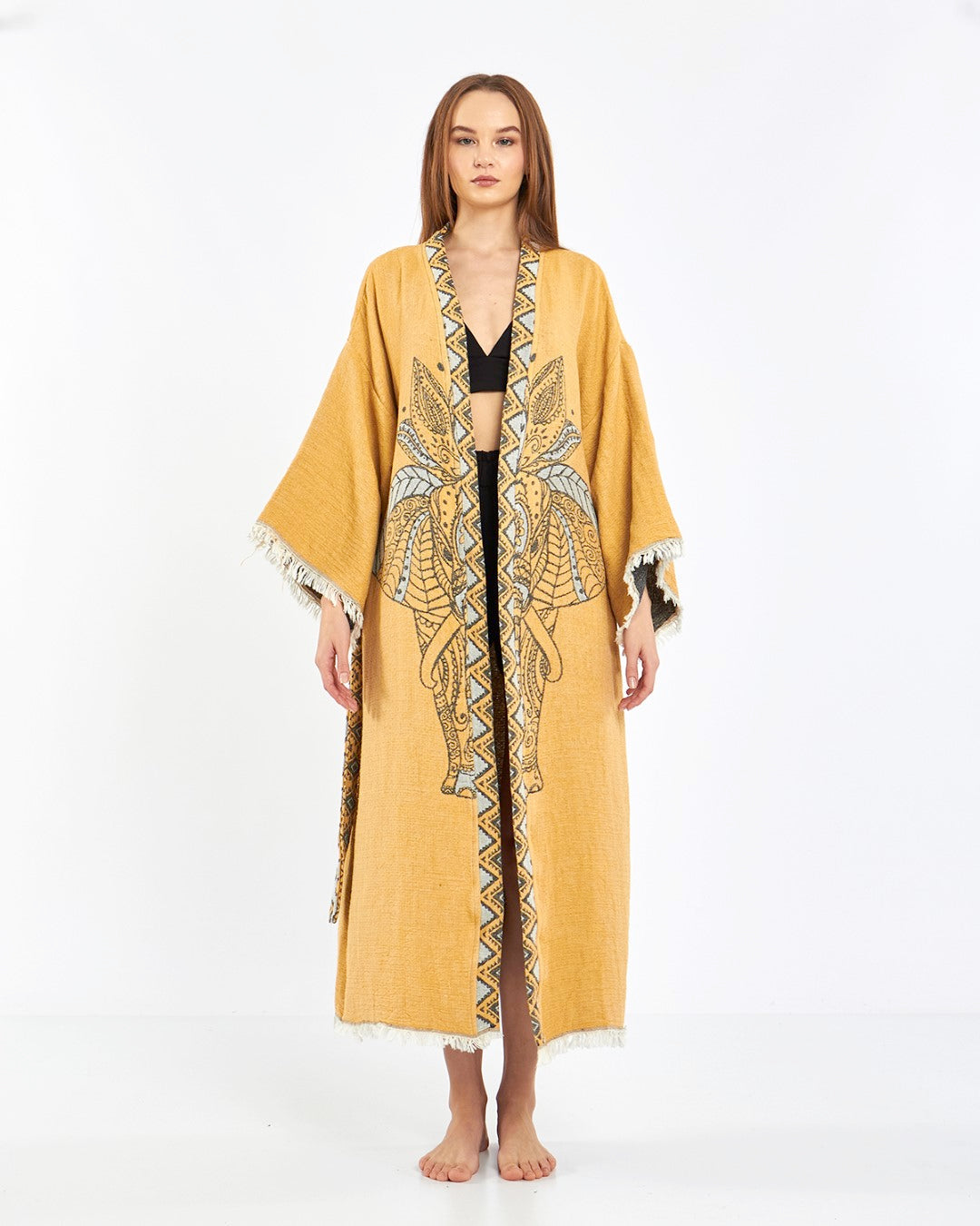 mustard elephant robe, kimono, lounge wear, gown wear by turkanhome.com