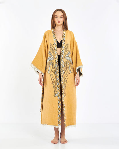 Mustard Elephant Robe, Kimono, Lounge Wear, Gown Wear by turkanhome.com