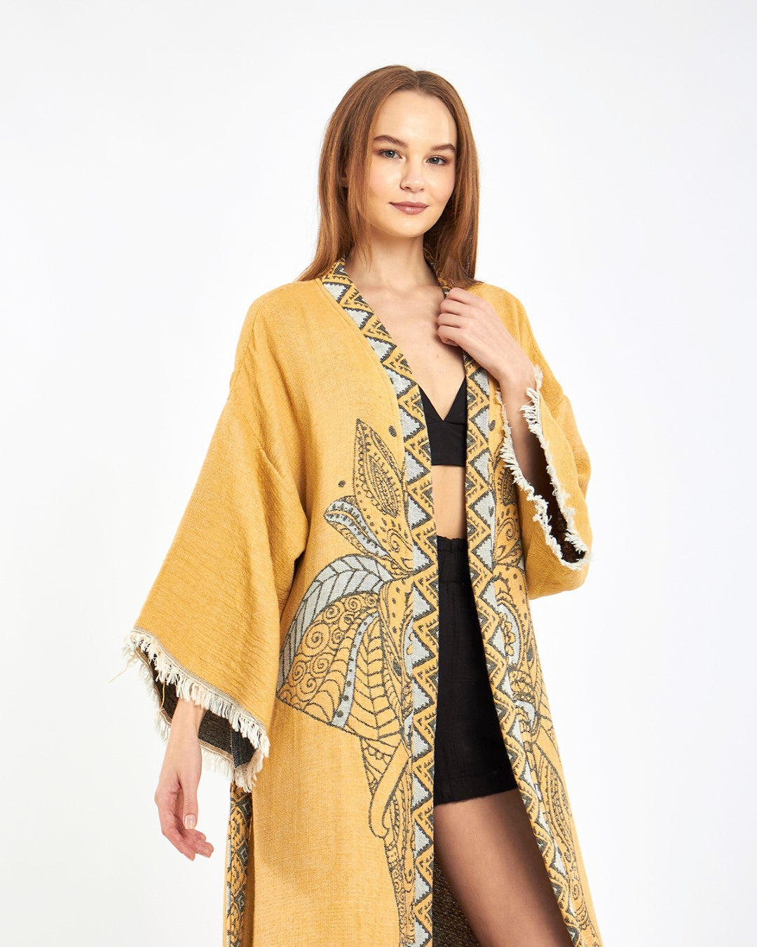 mustard elephant robe, kimono, lounge wear, gown wear by turkanhome.com