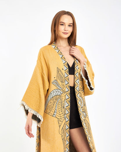 Mustard Elephant Robe, Kimono, Lounge Wear, Gown Wear by turkanhome.com