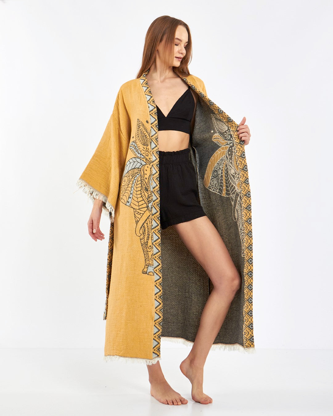 mustard elephant robe, kimono, lounge wear, gown wear by turkanhome.com