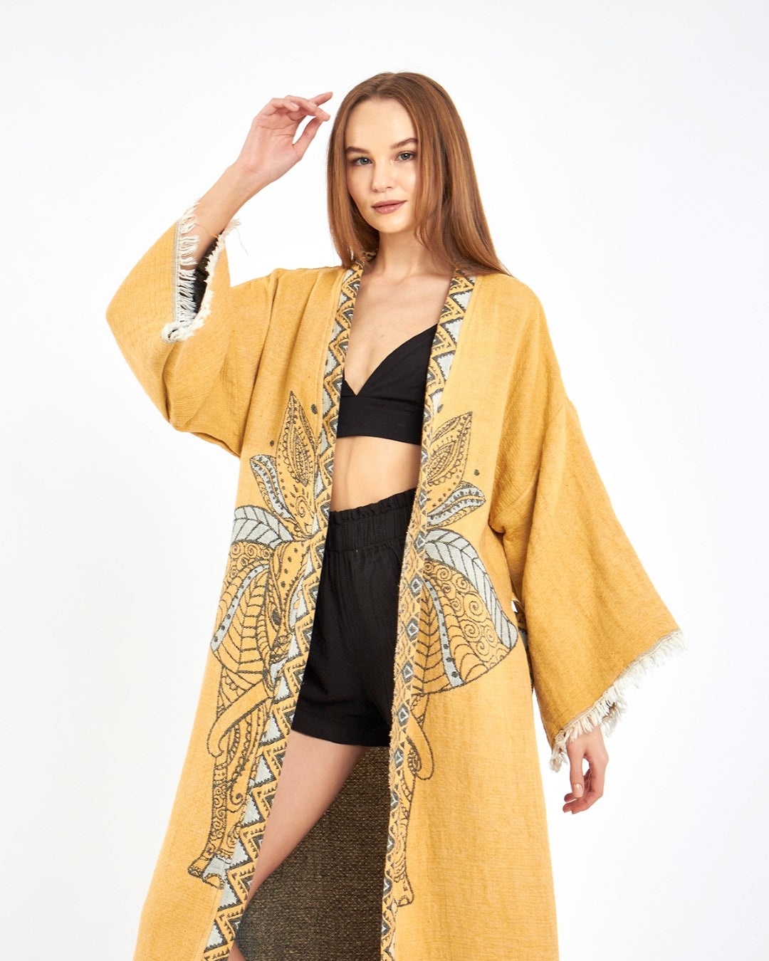 mustard elephant robe, kimono, lounge wear, gown wear by turkanhome.com