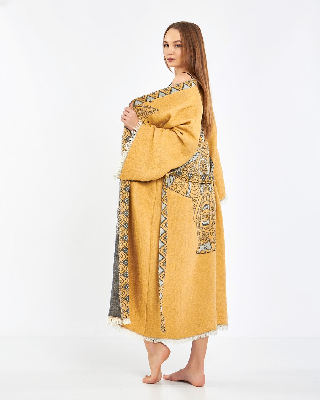 mustard elephant robe, kimono, lounge wear, gown wear by turkanhome.com