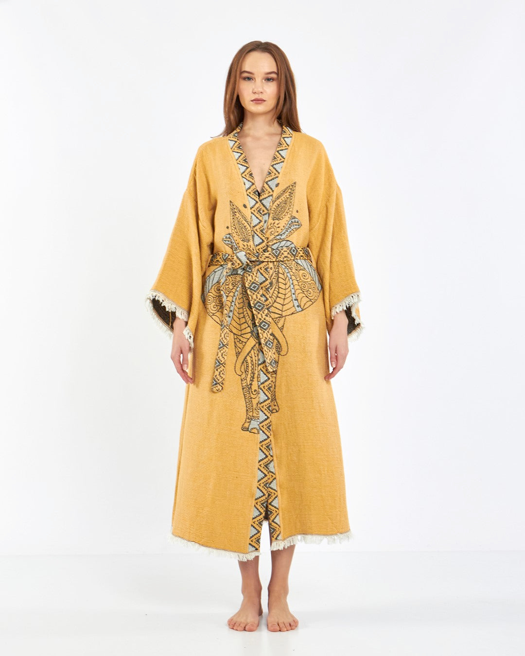 mustard elephant robe, kimono, lounge wear, gown wear by turkanhome.com