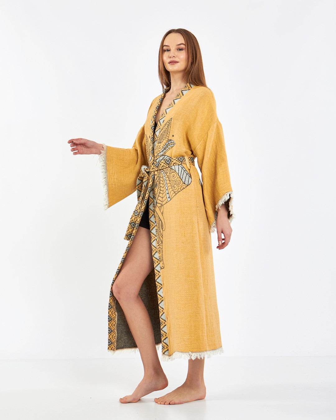 mustard elephant robe, kimono, lounge wear, gown wear by turkanhome.com