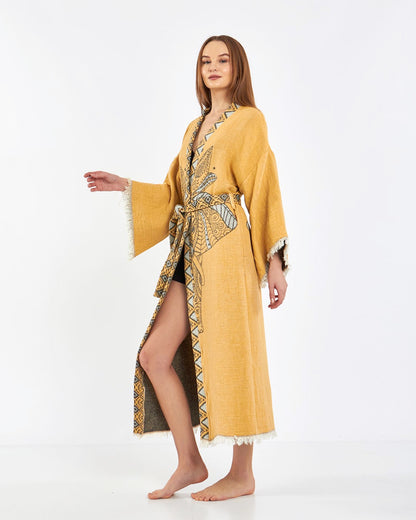 Mustard Elephant Robe, Kimono, Lounge Wear, Gown Wear by turkanhome.com