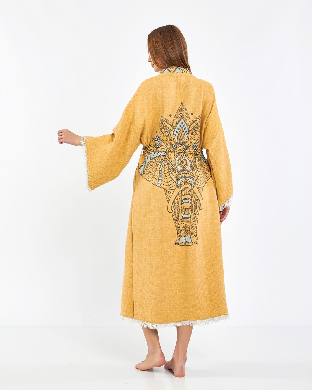 mustard elephant robe, kimono, lounge wear, gown wear by turkanhome.com