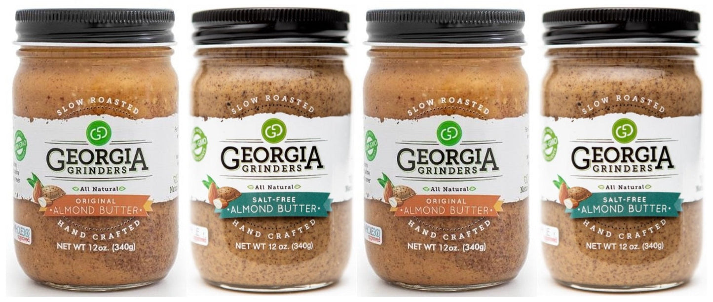 georgia grinders almond butter mix pack (two 12oz jars of each; original almond butter and salt free almond butter) - (cp-cl) by georgia grinders