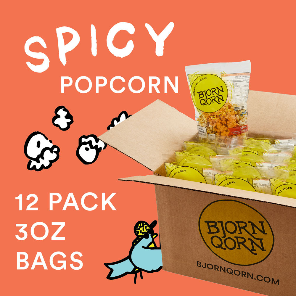 bjorn qorn spicy popcorn bags - 12-pack x 3oz bags by farm2me